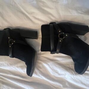 UGG Black Suede Block Heel Ankle Boots with Harness Strap